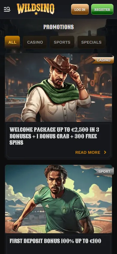 Wildsino Casino promotions page on a mobile device