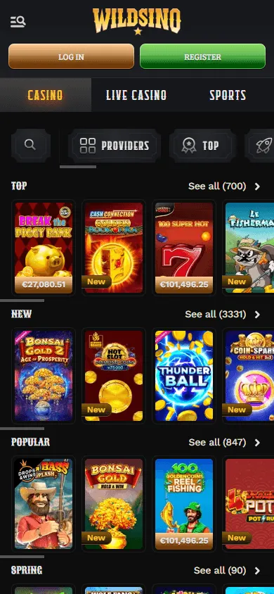 Wildsino Casino games page on a mobile device