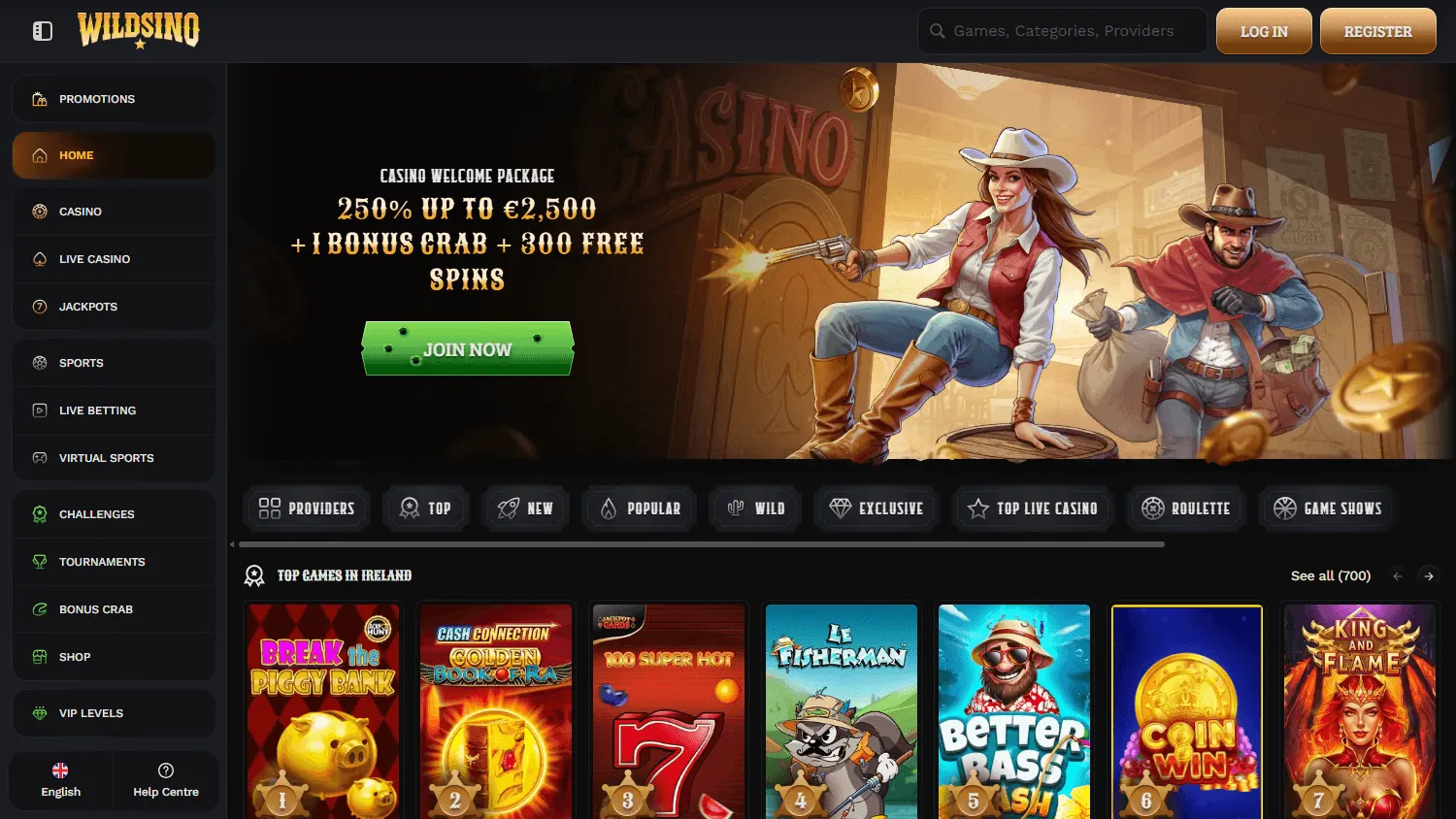 Wildsino Casino home page on desktop