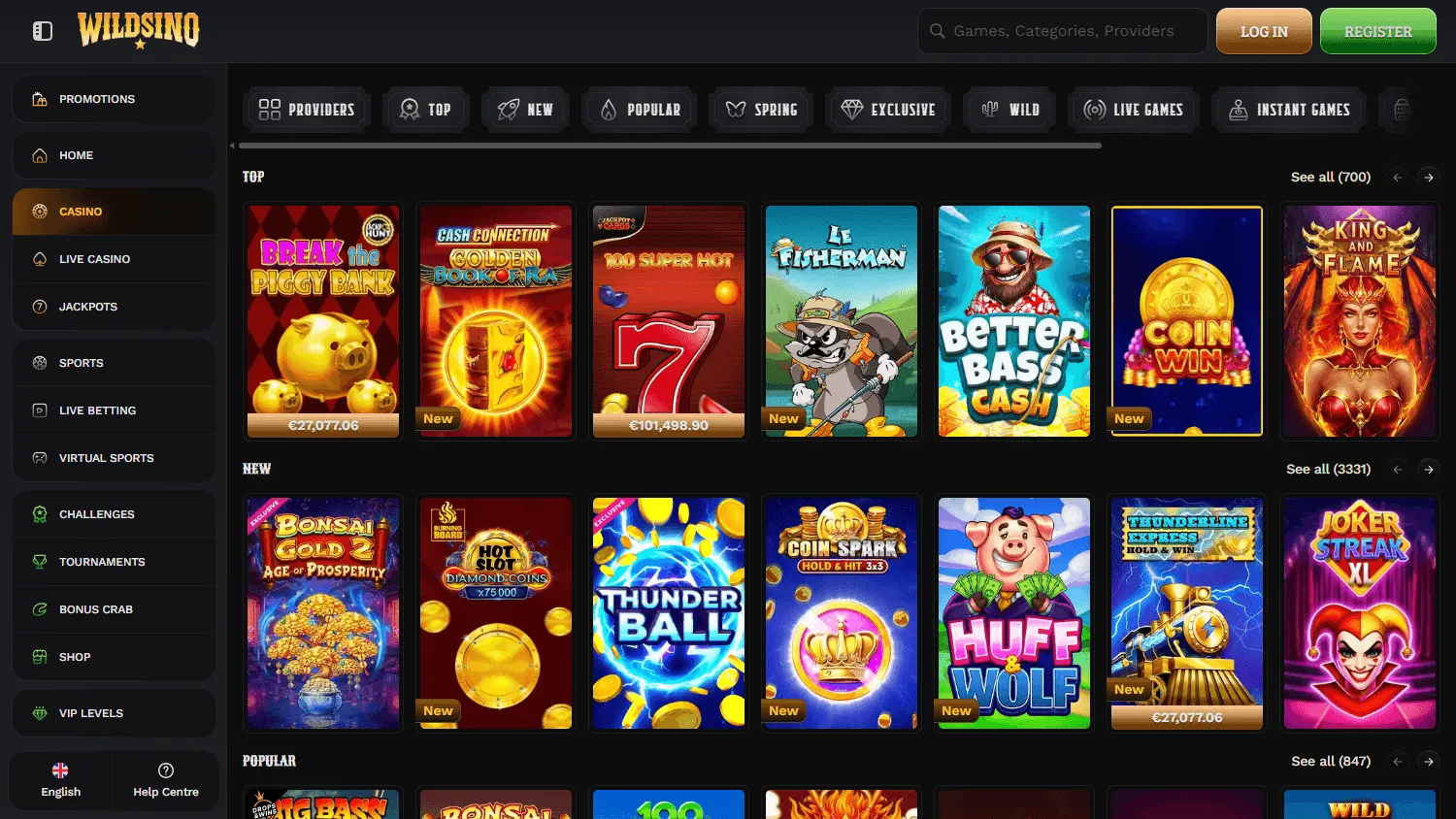 Wildsino Casino games page on desktop
