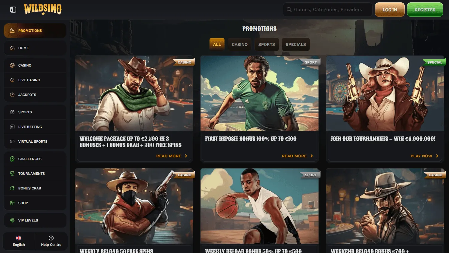Wildsino Casino promotions page on desktop