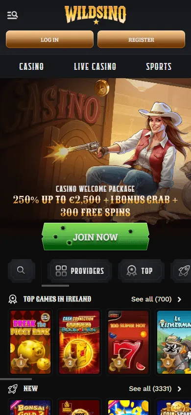 Wildsino Casino home page on a mobile device